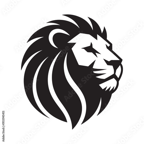 Stylized black and white lion head graphic showcasing a majestic animal portrait