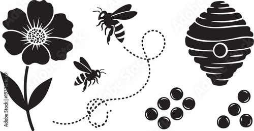 Black and white illustration of bees and flower scene