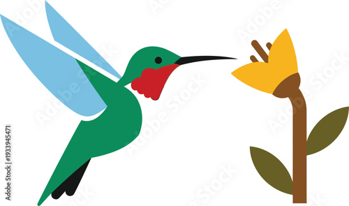 Hummingbird with bright green body sips nectar from a tall yellow flower.