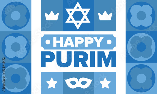 Purim. Happy Purim. Traditional Jewish religious holiday. Star of David, Carnival mask. Israel history. Сelebrated by a masquerade and festival. Poster art. Vector illustration