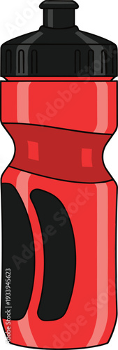 Sports water bottle illustration, hydration equipment artwork design, fitness accessory graphic, gym workout symbol drawing, athletic drink container artwork, red black