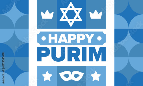 Purim. Happy Purim. Traditional Jewish religious holiday. Star of David, Carnival mask. Israel history. Сelebrated by a masquerade and festival. Poster art. Vector illustration