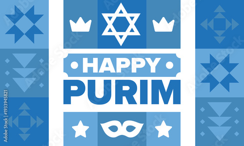Purim. Happy Purim. Traditional Jewish religious holiday. Star of David, Carnival mask. Israel history. Сelebrated by a masquerade and festival. Poster art. Vector illustration