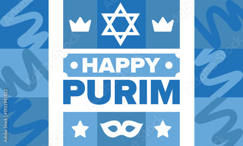Purim. Happy Purim. Traditional Jewish religious holiday. Star of David, Carnival mask. Israel history. Сelebrated by a masquerade and festival. Poster art. Vector illustration
