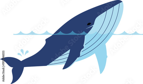 Humpback whale breaching the ocean surface with stylized blue waves.