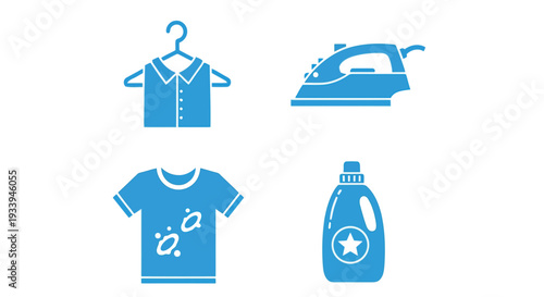 Blue laundry service icons featuring electric iron, shirt on hanger, and detergent bottle