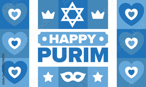 Purim. Happy Purim. Traditional Jewish religious holiday. Star of David, Carnival mask. Israel history. Сelebrated by a masquerade and festival. Poster art. Vector illustration