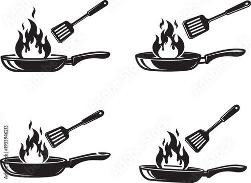 Four black  illustrations of frying pans on fire with spatulas