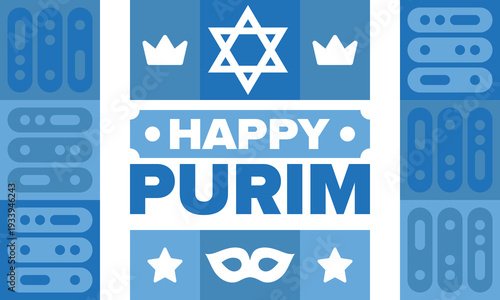 Purim. Happy Purim. Traditional Jewish religious holiday. Star of David, Carnival mask. Israel history. Сelebrated by a masquerade and festival. Poster art. Vector illustration