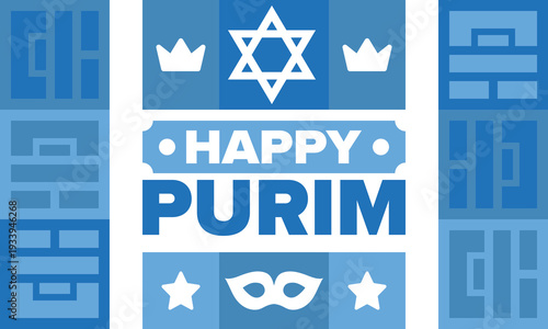 Purim. Happy Purim. Traditional Jewish religious holiday. Star of David, Carnival mask. Israel history. Сelebrated by a masquerade and festival. Poster art. Vector illustration