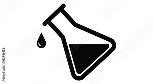Erlenmeyer flask icon with liquid drop in black silhouette style