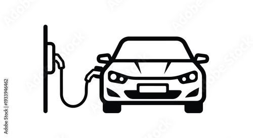 Electric car at charging station icon in minimalist black line art style