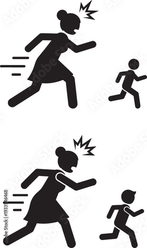 Silhouette of a angry mother chasing a child in two dynamic poses