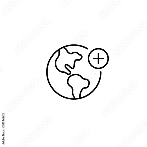 Global access, location add. Earth and plus symbol. Pixel perfect, editable stroke vector icon