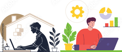 Work from home vector illustration with two men using laptops computers