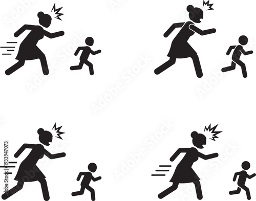 Angry Mother Chasing Naughty Child Silhouette Vector Design