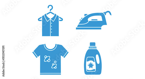Laundry and clothing care blue icon set with shirt on hanger iron t-shirt and detergent bottle