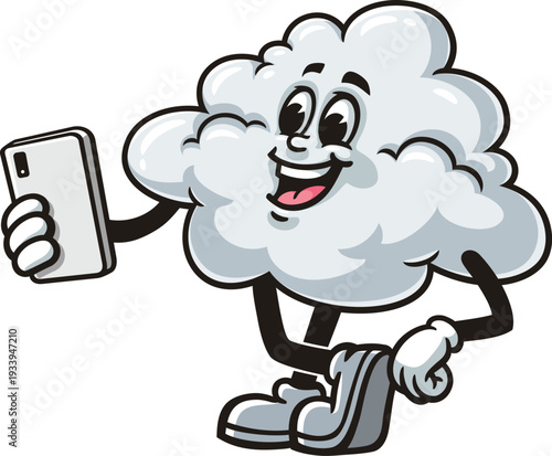 Cloud mascot cartoon holding a gadget or smartphone