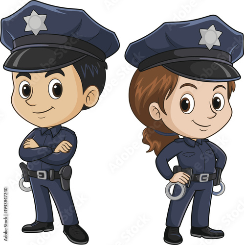Police officer cartoon illustration, law enforcement artwork design, friendly character graphic, justice symbol drawing, educational children artwork, uniformed cop design, black white