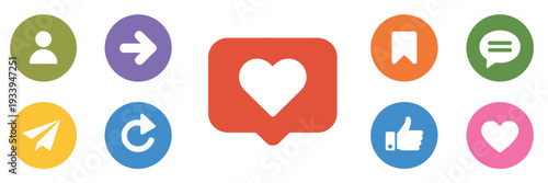 Like, love, heart, thumb up, repost, comment, share, save, and stories button icon set, featuring emoji post reactions, circular and speech bubble shapes for social media notification and functional 