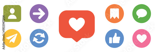 Like, love, heart, thumb up, repost, comment, share, save, and stories user button icons, designed as a vector set of social media reactions, notifications, and interactive interface elements.