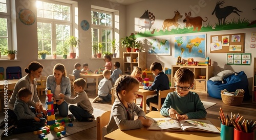 Children engaged in creative activities in a welllit classroom setting with art supplies