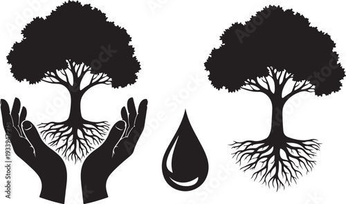 Tree Silhouette with Hand and Water Drop Icon Graphic