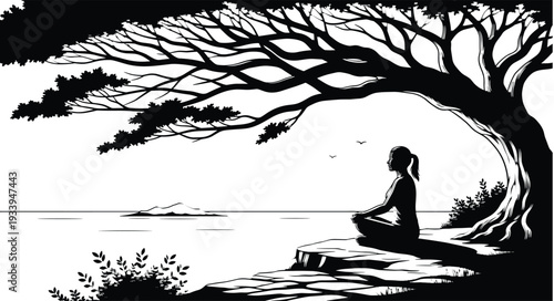 Meditation silhouette illustration, mindfulness artwork design, peaceful nature graphic, spiritual practice symbol drawing, tranquil tree scene artwork, calm water design, black white
