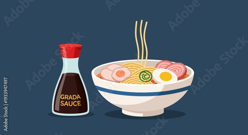 Delicious Ramen Bowl with Soy Sauce Bottle