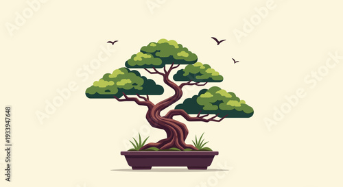Pixel Art Bonsai Tree with Birds Flying