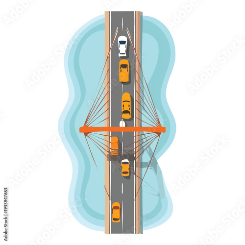 Overhead view of a suspension bridge with cars crossing over water