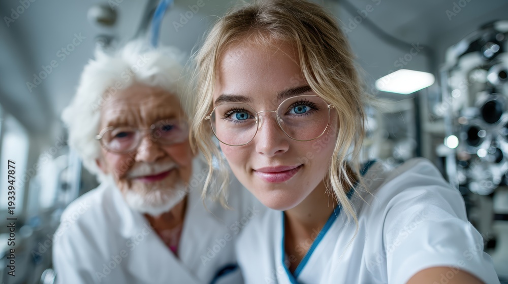 Fototapeta premium A young nurse poses with a smile alongside an elderly patient, capturing the essence of care, compassion, and the bond between generations in a healthcare setting.