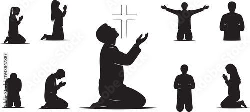 Silhouettes of people praying in various poses and positions