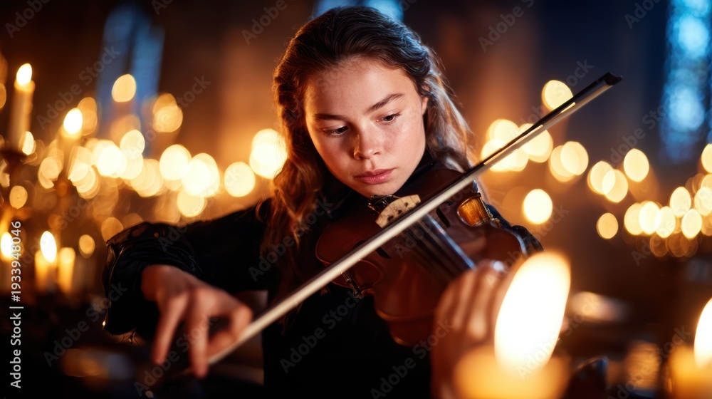 Fototapeta premium A captivating scene of a young girl playing a violin amidst flickering candlelight, enveloping her in a warm glow and enhancing the artistic atmosphere of her soulful performance.