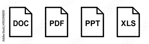 File format line icon set with DOC PDF PPT and XLS symbols. Document and file type icons for office files, spreadsheet and presentation formats for app interface and web dashboard UI