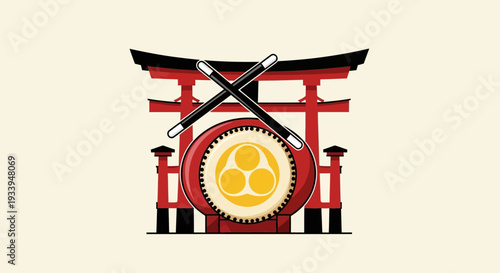 Japanese Torii Gate, Taiko Drum, and Drumsticks