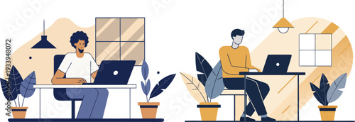 Working from home vector illustration showing diverse freelancers using laptops at desks