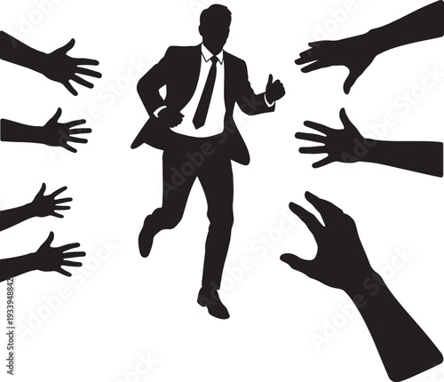 Businessman escaping from grasping hands