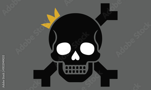 Black skull and crossbones with crown, skull vector danger, skull emoji symbol
