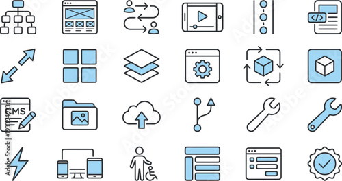 Comprehensive collection of modern line art icons for web development and UI UX design.
