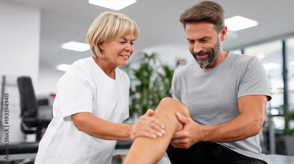 Fototapeta premium Female physiotherapist examining smiling male patient knee joint during rehabilitation session, professional physical therapy treatment, injury recovery in modern clinic.