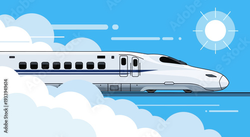High-speed train moving fast through clouds and sun