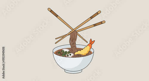 Japanese Noodle Soup with Shrimp Tempura and Chopsticks