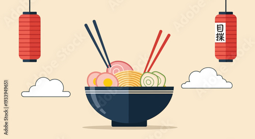 Japanese Ramen Bowl with Chopsticks and Lanterns