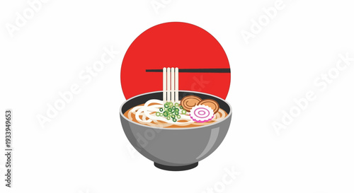 Japanese Udon Noodles Bowl with Chopsticks and Red Sun