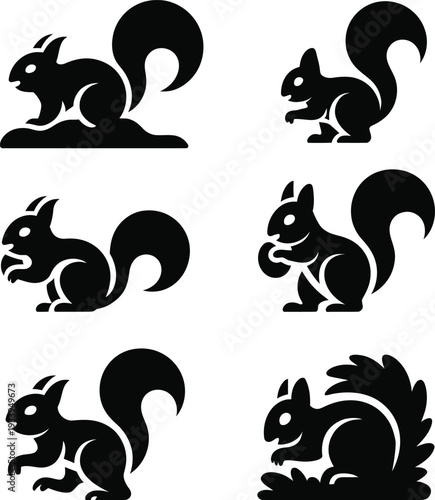 Black silhouettes of squirrels in various poses on white background