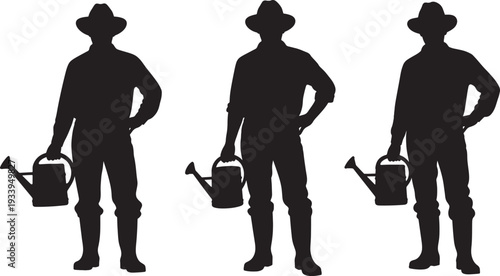 Three silhouetted men with watering cans