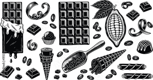 Chocolate illustration artwork, cocoa pod design, chocolate bar graphic, truffle dessert symbol, sweet food artwork, cacao bean drawing, black white culinary art