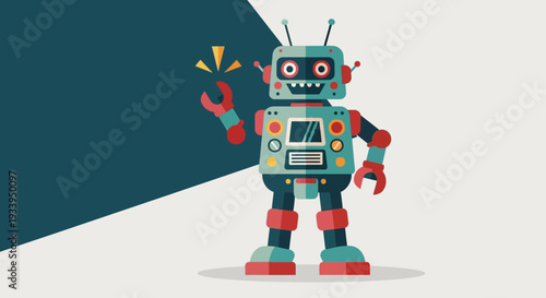 Retro robot character with tools, vintage technology concept