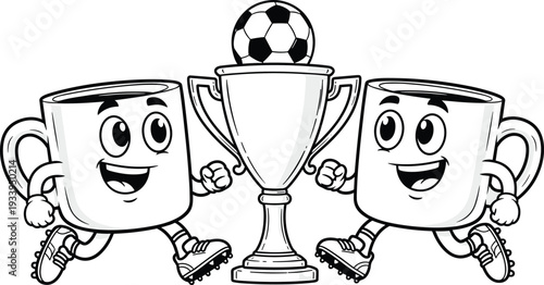 Funny coffee mug cartoon character playing soccer with trophy vector illustration isolated on white background sports champion goal winner mascot